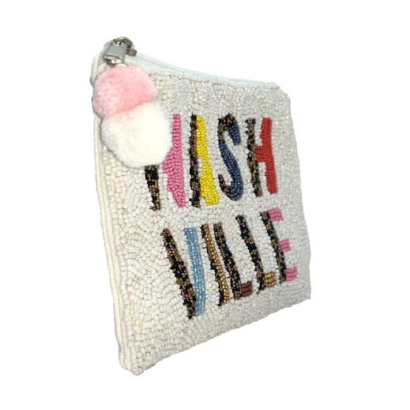 🌿 Leopard NASHVILLE Pom-Pom Seed Beaded Coin Pouch Purse Makeup Bag - Picture 3 of 4